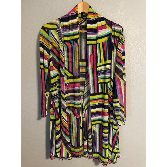 Ali Miles Cardigan Womens Large Multicolor Open Front Stripe Lightweight Sheer - Picture 1 of 9